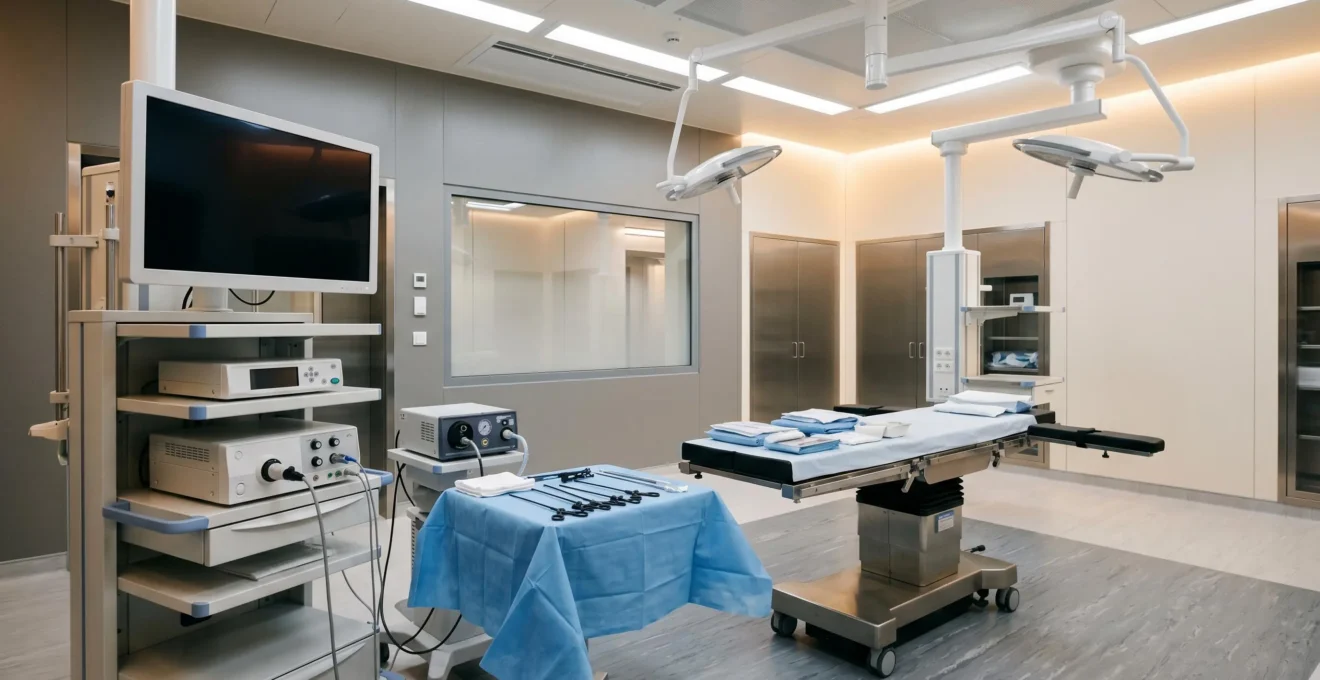 Salle d'opération moderne en clinique privée avec équipement de cœlioscopie, ambiance sereine et professionnelle illustrant les techniques chirurgicales digestives avancées