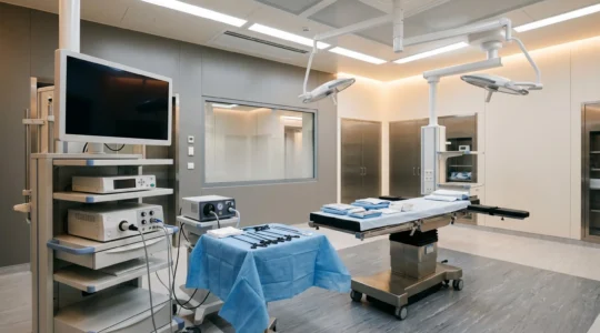 Salle d'opération moderne en clinique privée avec équipement de cœlioscopie, ambiance sereine et professionnelle illustrant les techniques chirurgicales digestives avancées