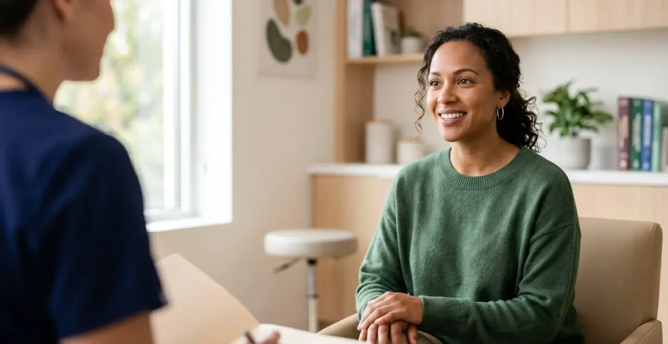 Une femme assise dans un cabinet médical lumineux, exprimant confiance et sérénité lors d'une consultation de santé préventive