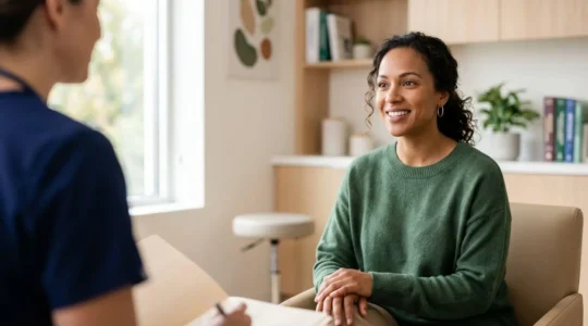 Une femme assise dans un cabinet médical lumineux, exprimant confiance et sérénité lors d'une consultation de santé préventive