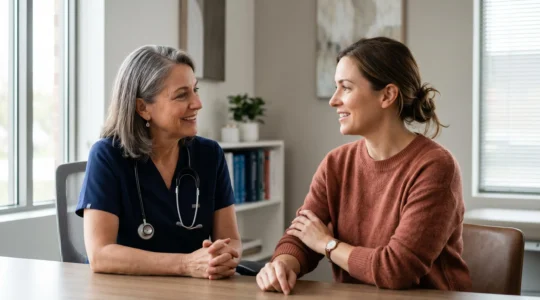 Consultation médicale avec échange attentif entre patient et médecin dans un environnement médical professionnel
