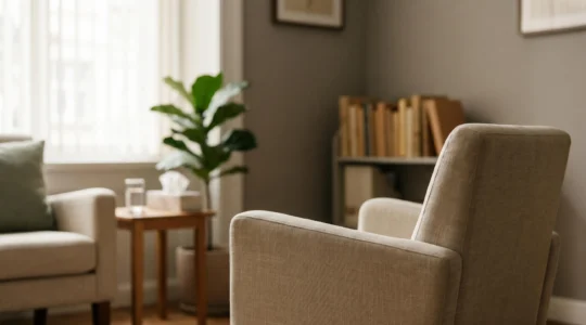 Personne en consultation avec un psychologue dans un cabinet privé calme et rassurant