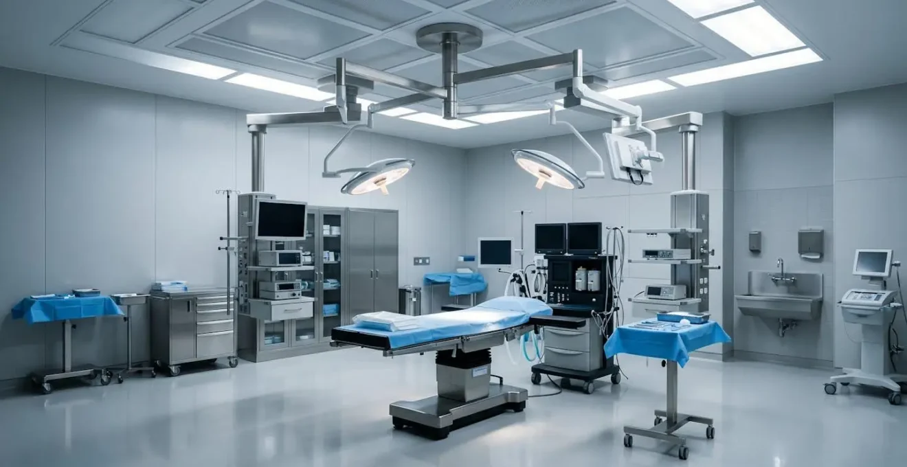 Environnement de bloc opératoire moderne avec flux d'air laminaire et équipement médical stérile