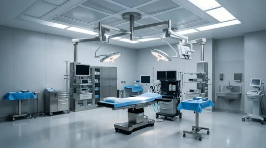 Environnement de bloc opératoire moderne avec flux d'air laminaire et équipement médical stérile