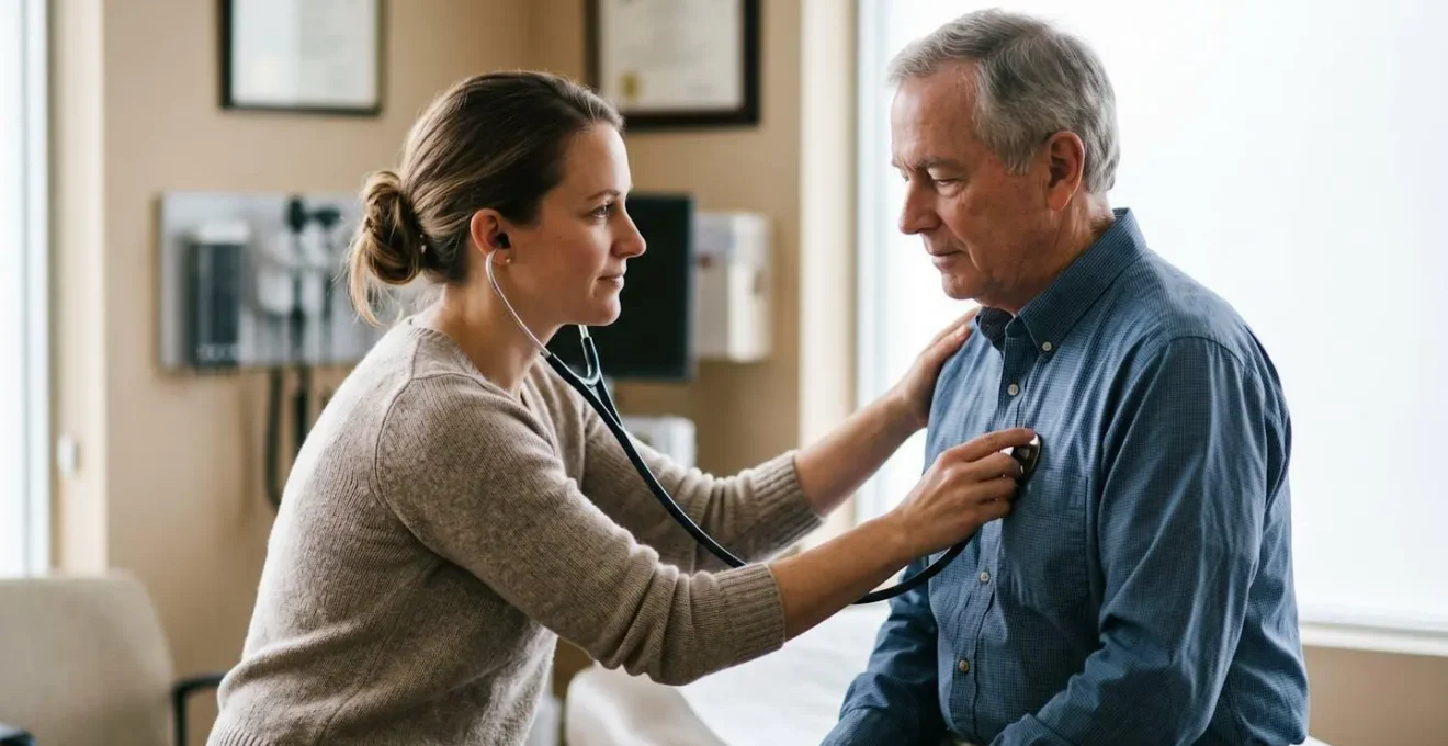 Médecin effectuant un examen clinique complet approfondi sur un patient dans un cabinet médical calme et professionnel