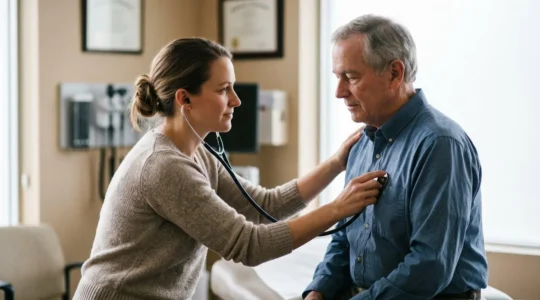 Médecin effectuant un examen clinique complet approfondi sur un patient dans un cabinet médical calme et professionnel