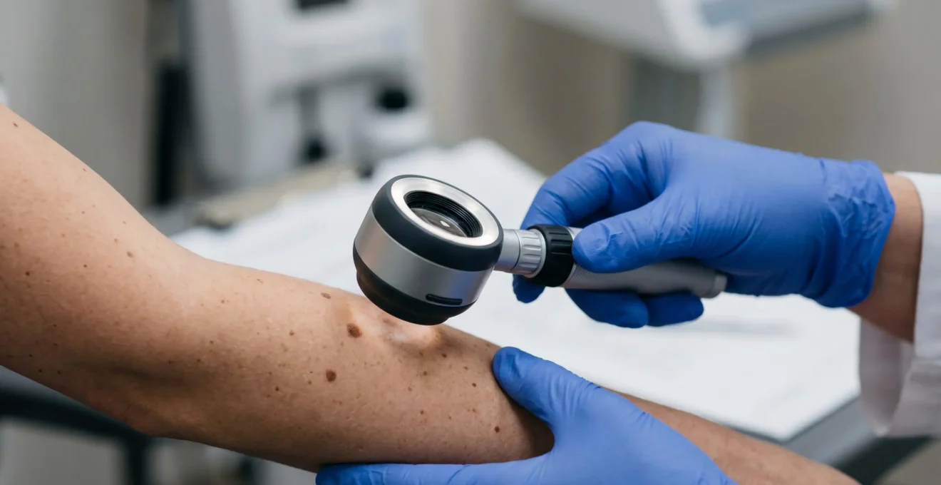 Examen dermatologique des grains de beaute avec loupe professionnelle sur peau humaine