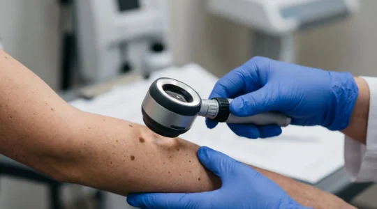 Examen dermatologique des grains de beaute avec loupe professionnelle sur peau humaine