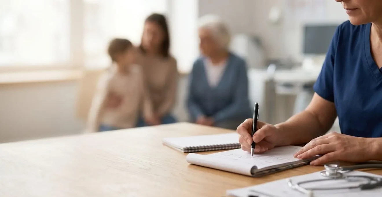 Une consultation médicale intergénérationnelle illustrant le lien entre médecin de famille et continuité des soins