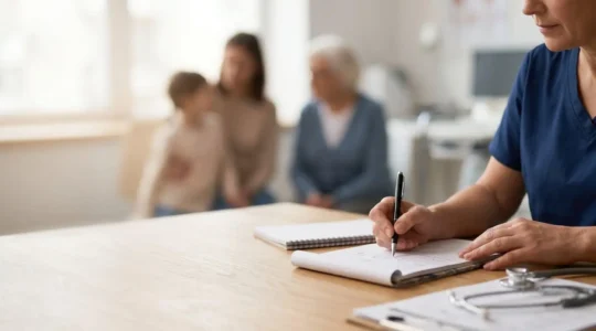 Une consultation médicale intergénérationnelle illustrant le lien entre médecin de famille et continuité des soins