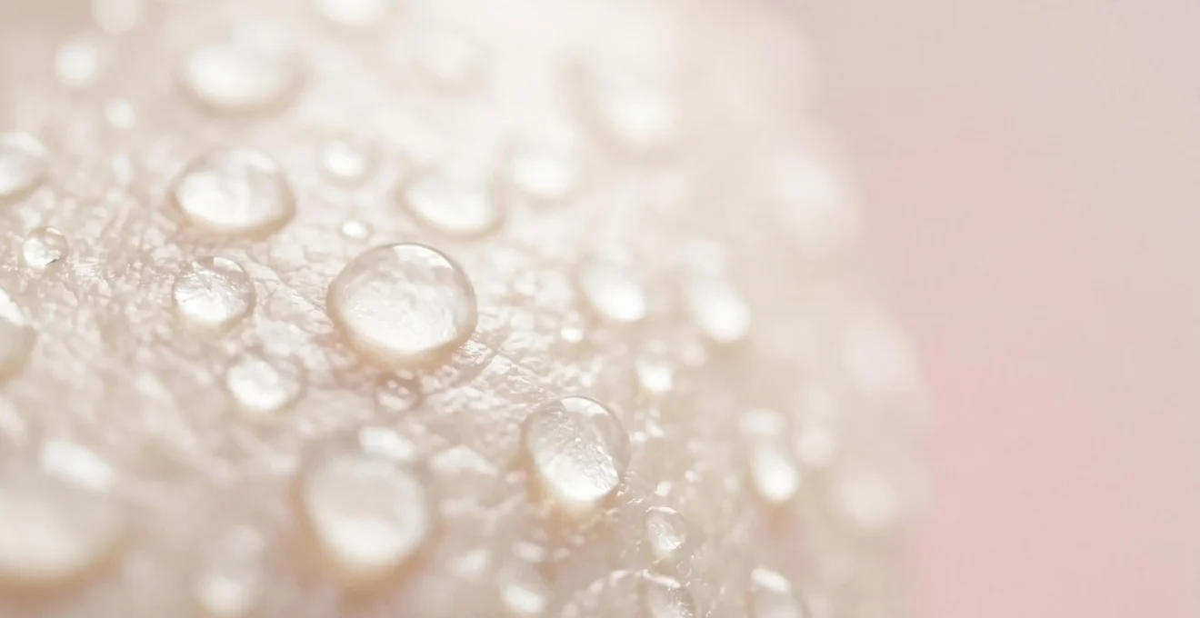 Représentation visuelle de l'hydratation cutanée par l'acide hyaluronique avec textures naturelles et lumière douce