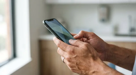 Personne consultant un agenda médical sur un écran avec concentration et détermination dans un environnement de santé