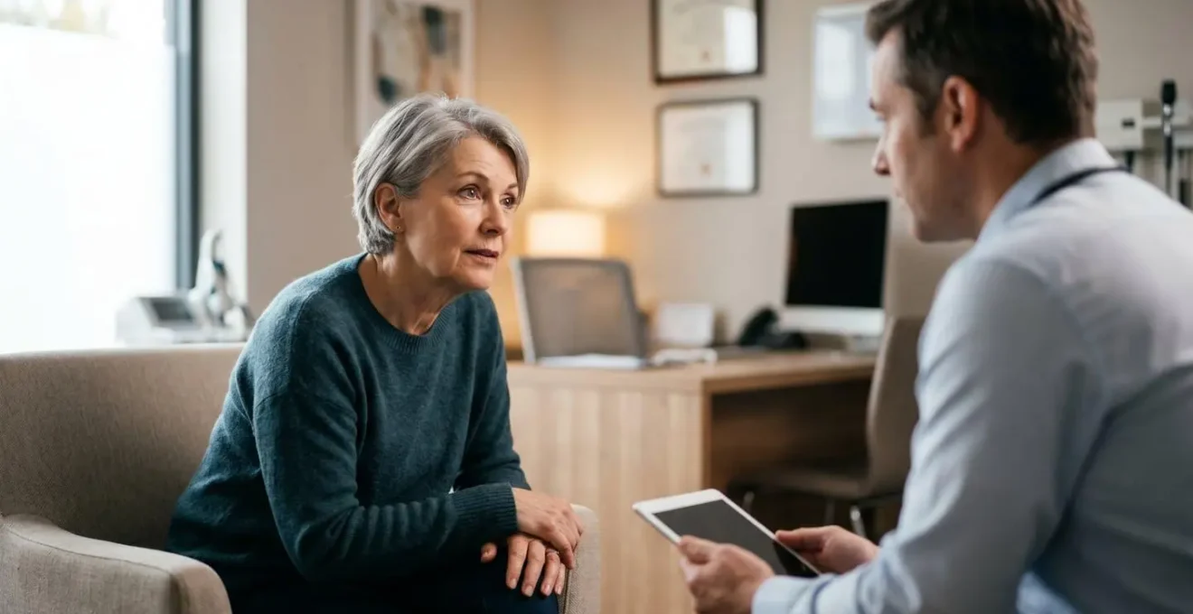 Patient consultant un professionnel de santé dans un environnement moderne et rassurant