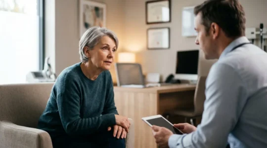 Patient consultant un professionnel de santé dans un environnement moderne et rassurant