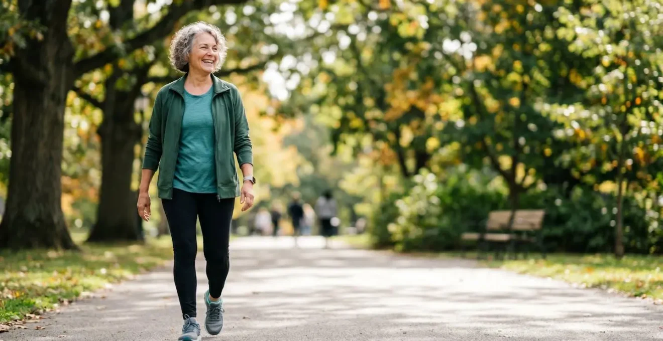 Personne active de 65 ans marchant avec confiance après chirurgie de prothèse articulaire