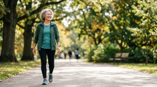 Personne active de 65 ans marchant avec confiance après chirurgie de prothèse articulaire