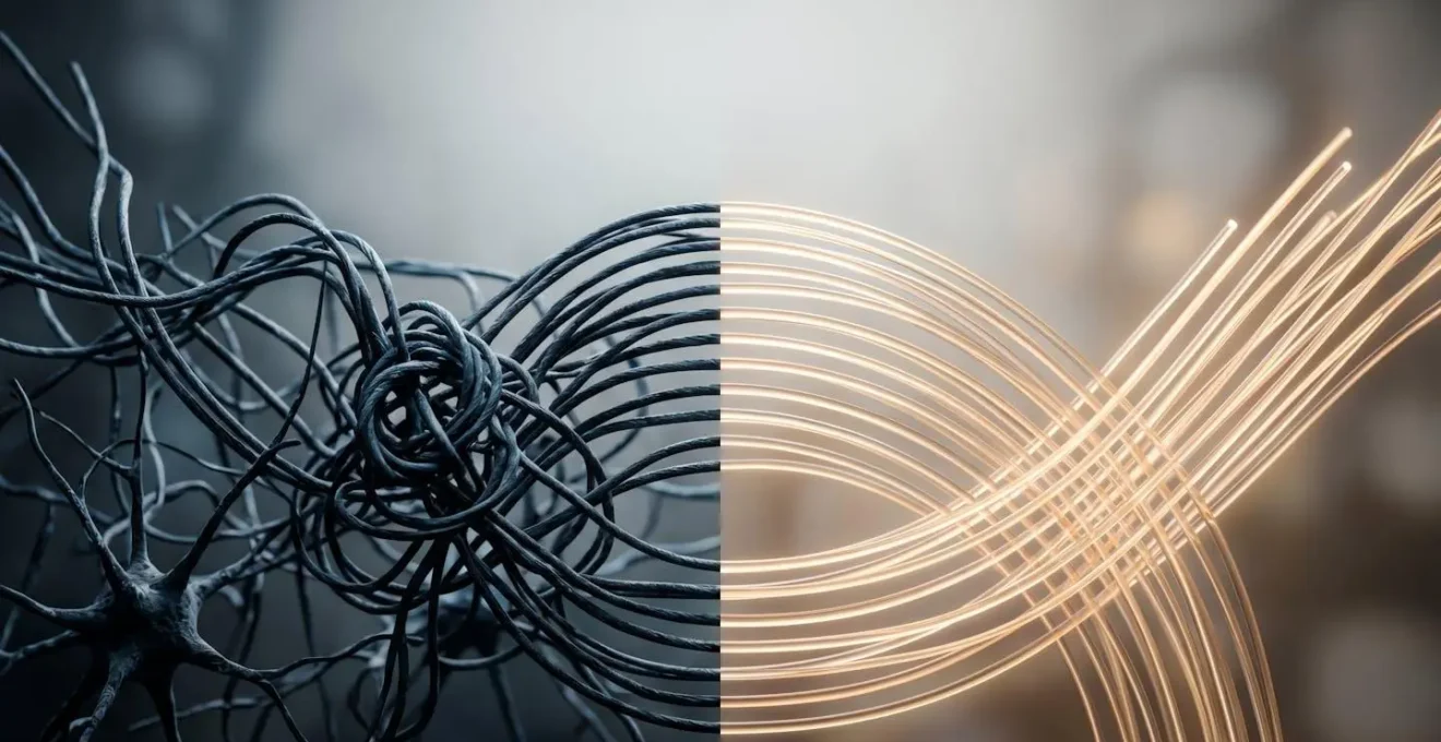 Transformation cognitive illustrée par des éléments visuels symbolisant le passage des pensées négatives aux pensées constructives
