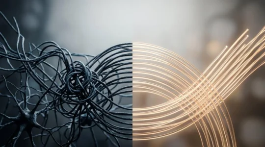 Transformation cognitive illustrée par des éléments visuels symbolisant le passage des pensées négatives aux pensées constructives