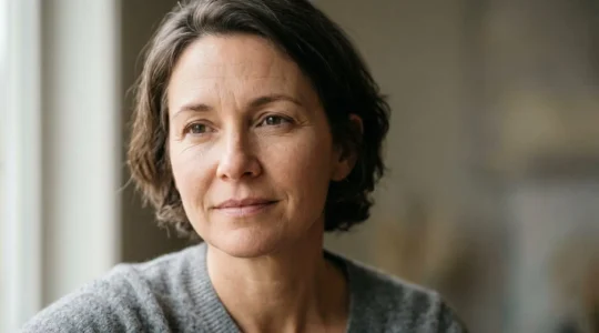 Gros plan artistique sur le visage d'une femme mature montrant une peau naturelle et sereine avec un éclairage doux
