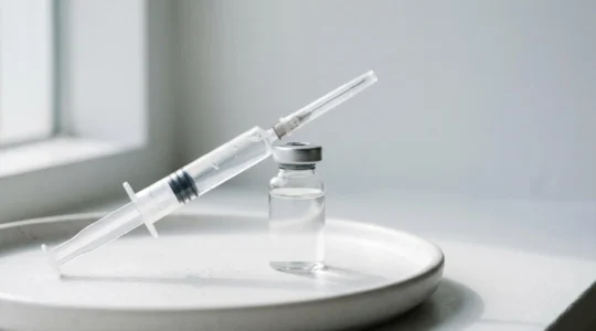 Seringue médicale translucide et fiole de produit résorbable dans une lumière douce et naturelle