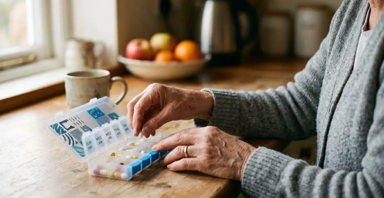 Personne organisant méthodiquement son traitement médicamenteux quotidien dans un environnement serein