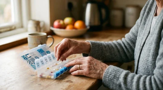 Personne organisant méthodiquement son traitement médicamenteux quotidien dans un environnement serein