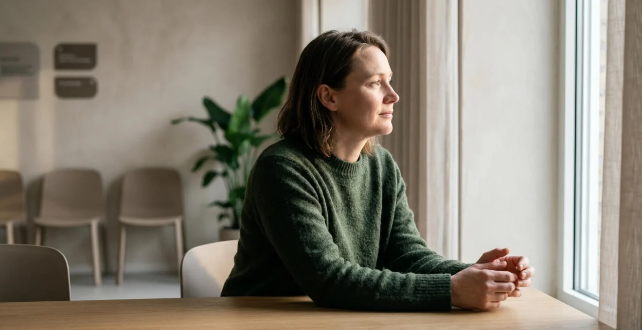 Une personne assise dans un espace calme et lumineux, symbolisant le processus de transformation intérieure durant une psychothérapie